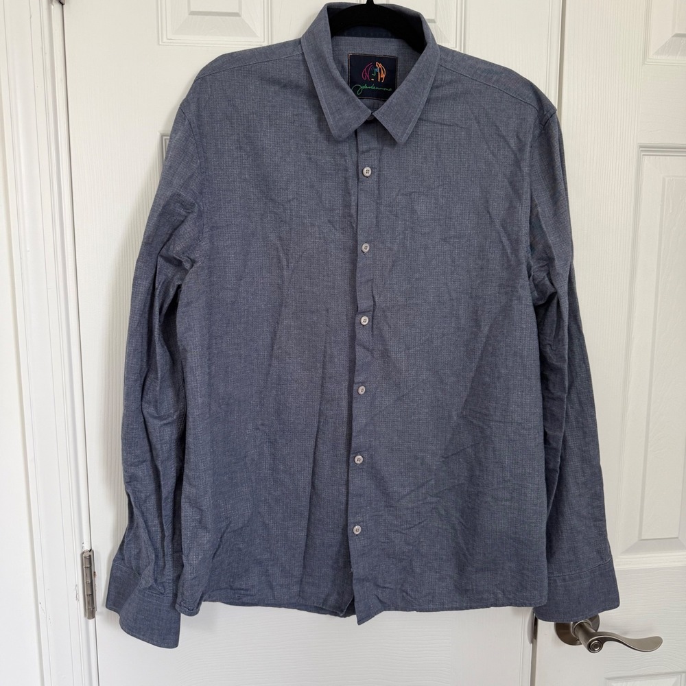 John Lennon Mens Blue Chambray Long Sleeve Cotton Button Shirt Logo Embroidered